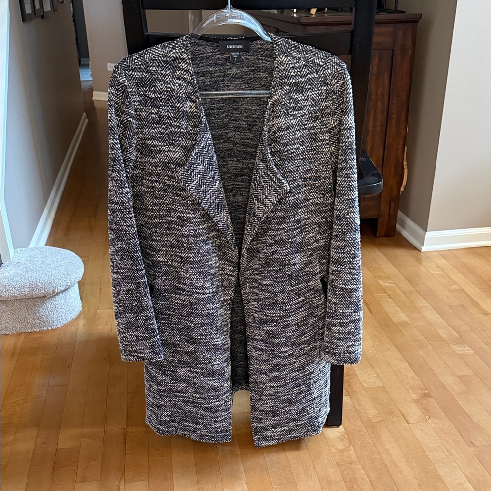Karen Kane Black and White Blazer with slant pockets trimmed in black leather